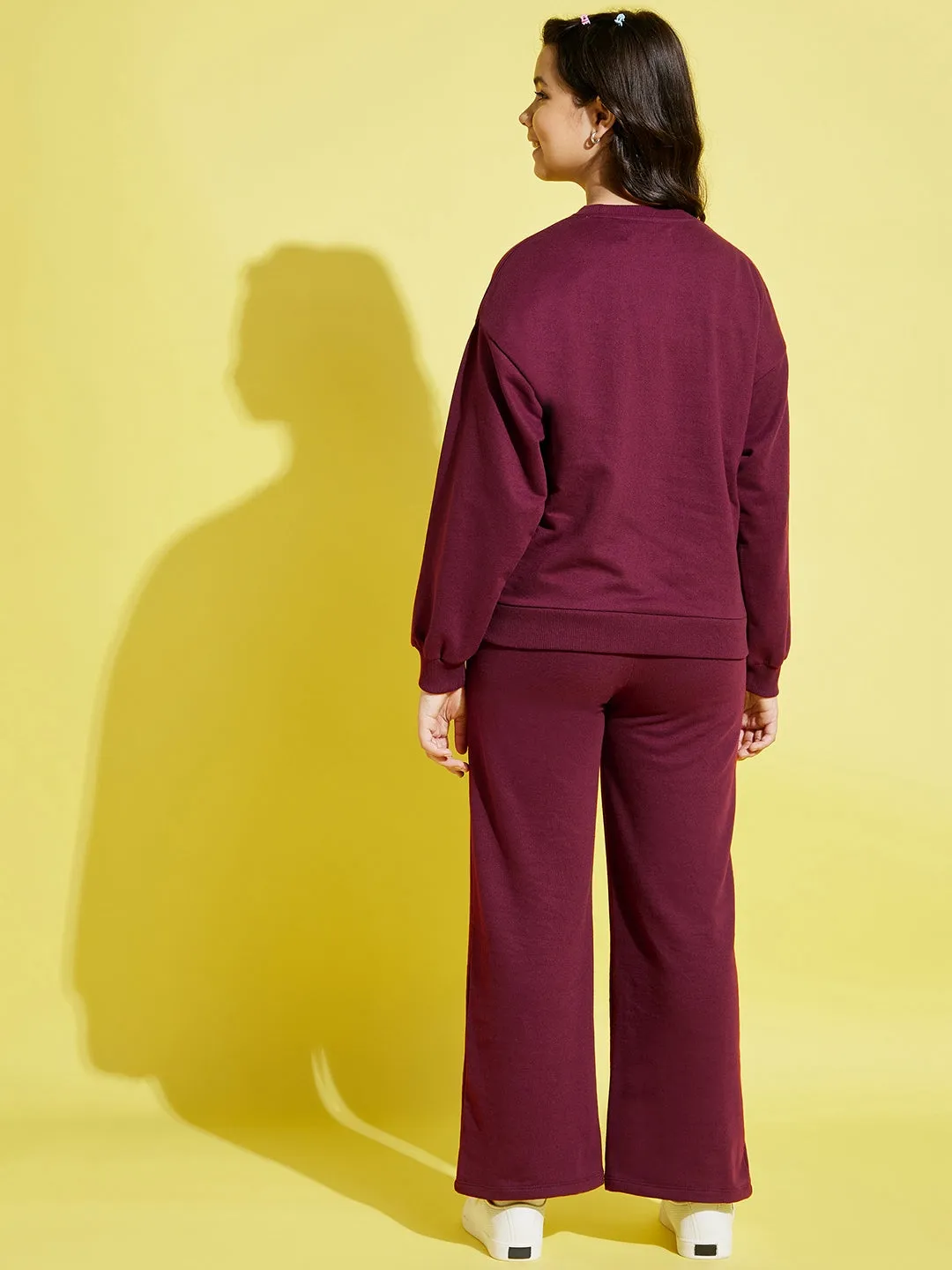 Girls Maroon Butterfly Oversize Sweatshirt With Track Pants - Lyush Kids
