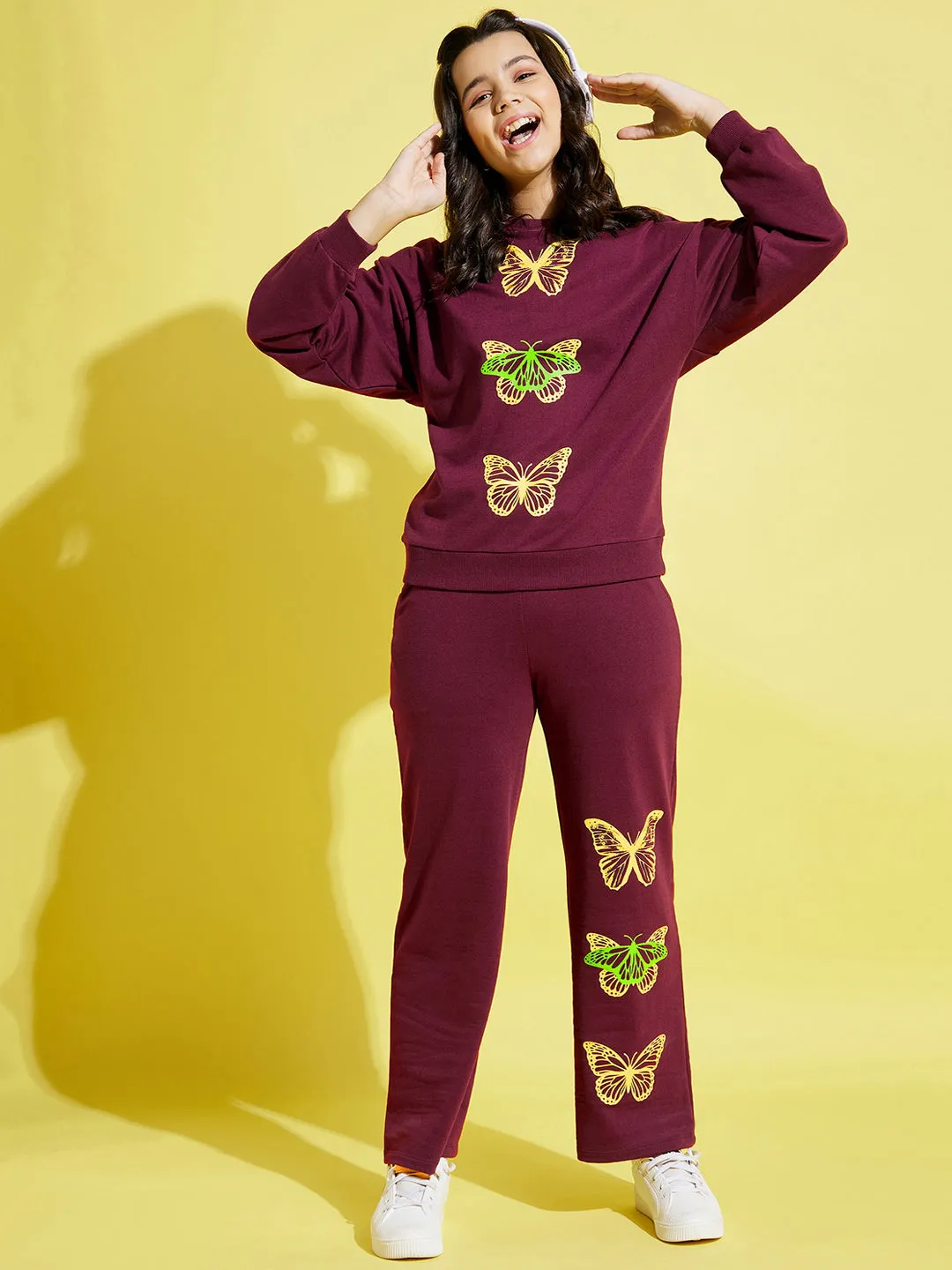 Girls Maroon Butterfly Oversize Sweatshirt With Track Pants - Lyush Kids