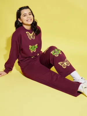 Girls Maroon Butterfly Oversize Sweatshirt With Track Pants - Lyush Kids