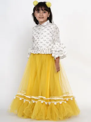 Girls Off White & Yellow Block Printed Cotton Shirt With Skirt - Bitiya By Bhama