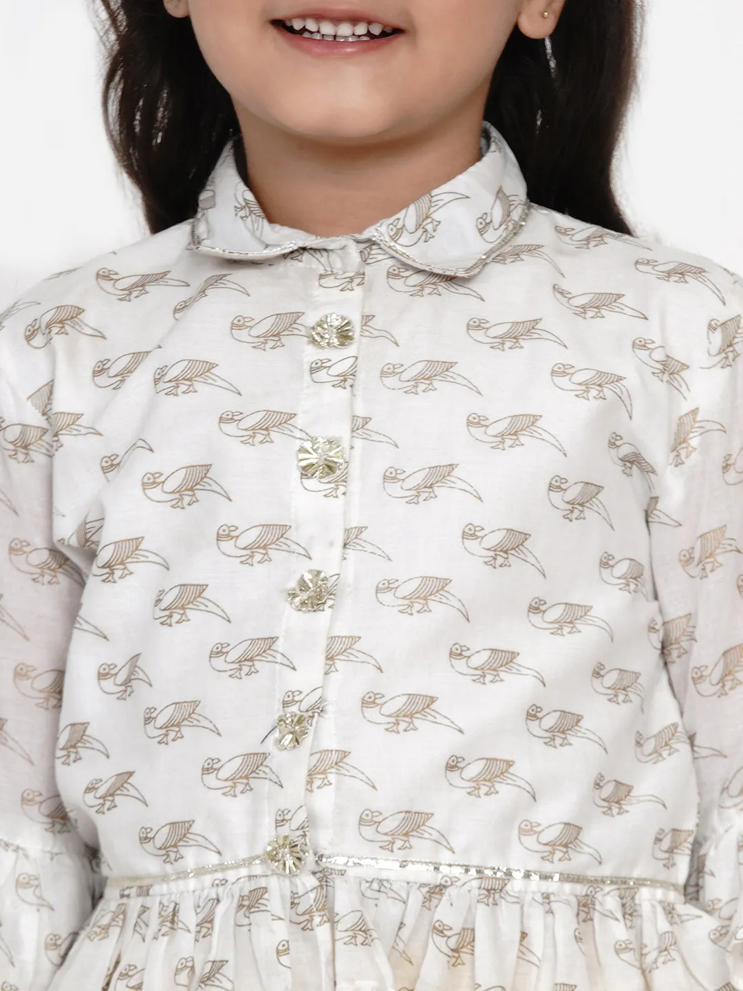 Girls Off White & Yellow Block Printed Cotton Shirt With Skirt - Bitiya By Bhama