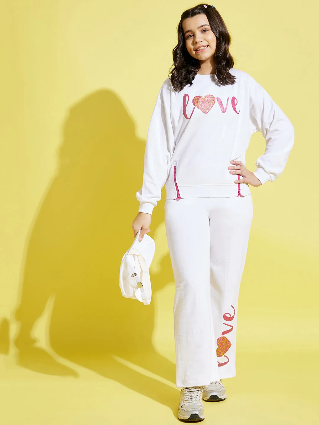 Girls White Love Oversize Sweatshirt With Track Pants - Lyush Kids