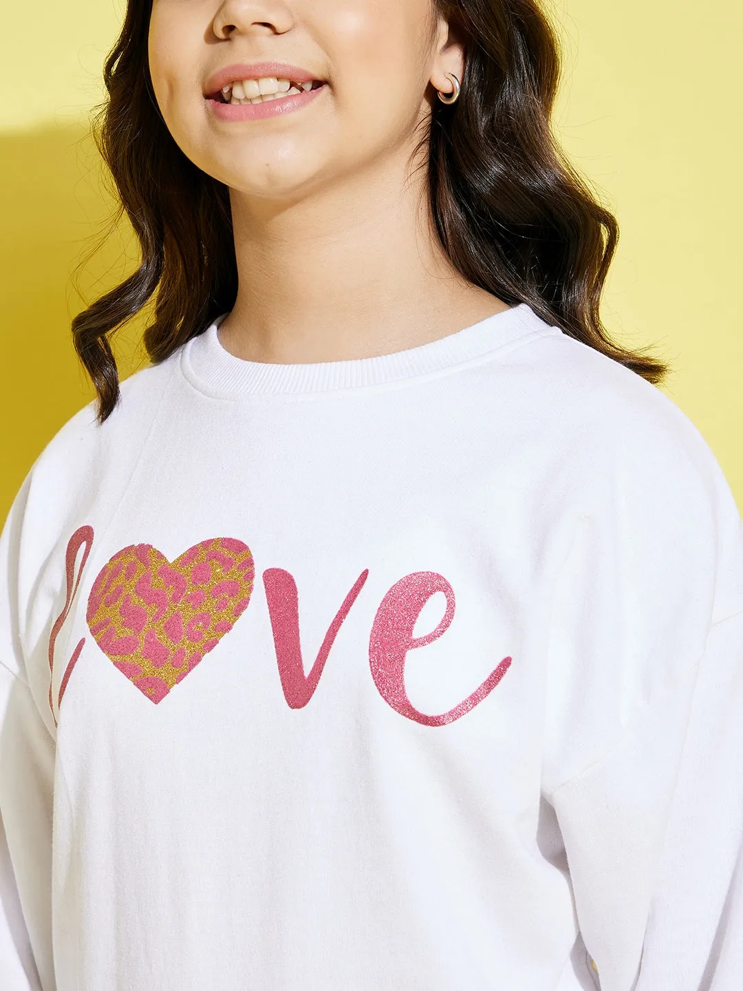 Girls White Love Oversize Sweatshirt With Track Pants - Lyush Kids