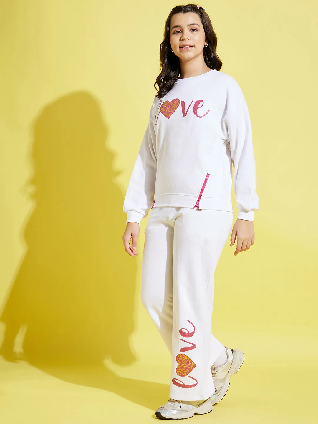 Girls White Love Oversize Sweatshirt With Track Pants - Lyush Kids