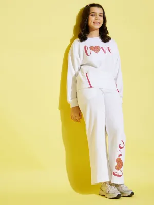 Girls White Love Oversize Sweatshirt With Track Pants - Lyush Kids