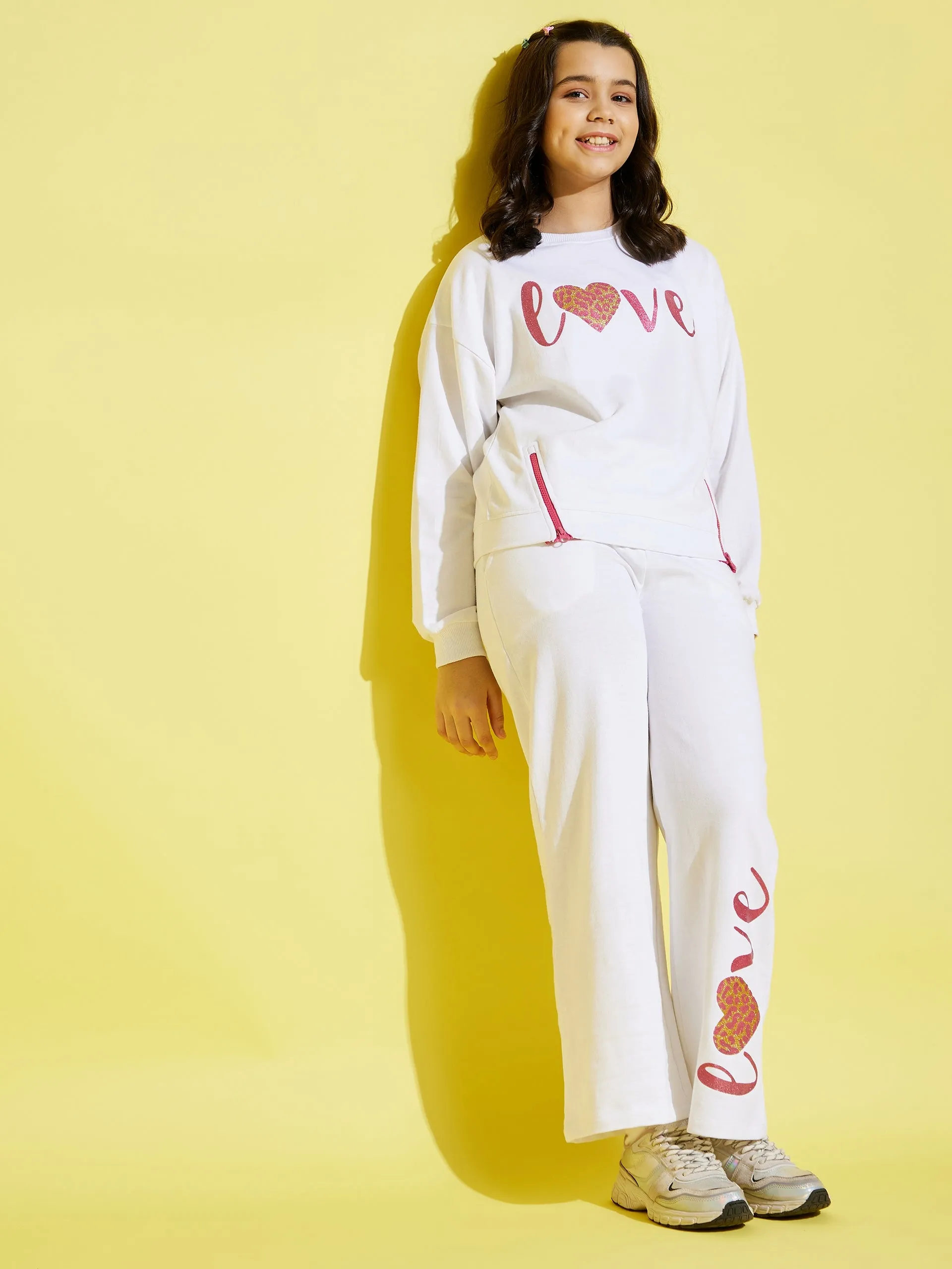 Girls White Love Oversize Sweatshirt With Track Pants - Lyush Kids