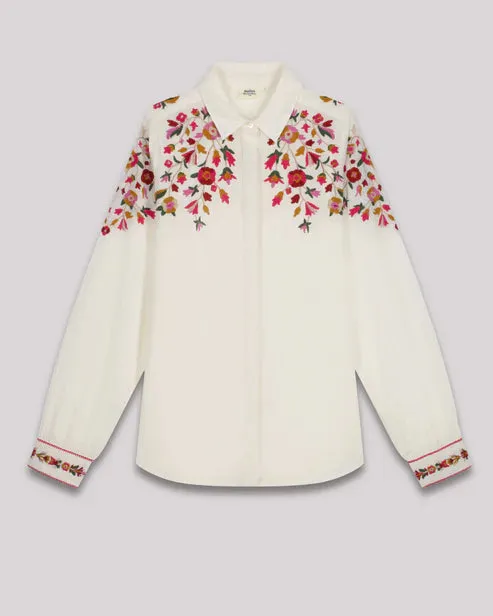 Hartford Cesar Shirt White with Floral Embroidery