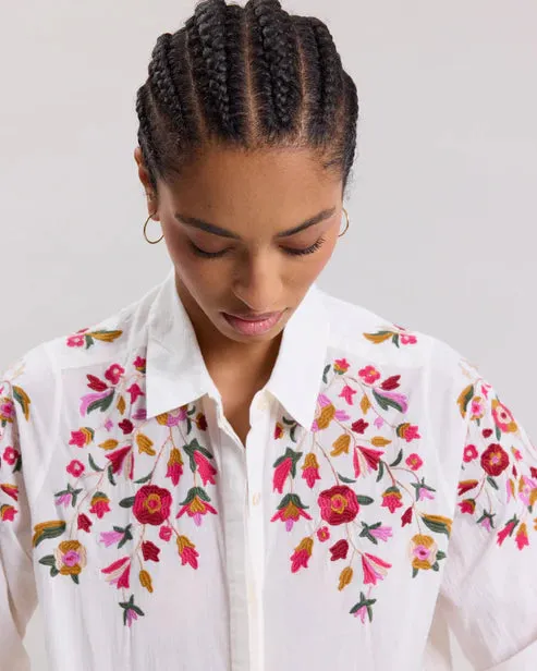 Hartford Cesar Shirt White with Floral Embroidery