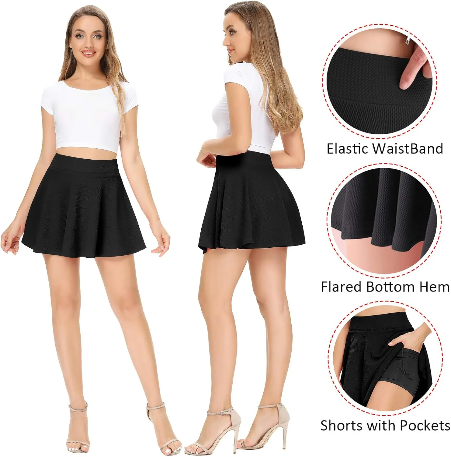 High Waisted Pleated Skirts for Women Skater Tennis Skirt with Shorts Pockets Mini A-Line Skirt