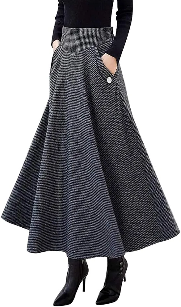 IDEALSANXUN Women??s Fall Winter High Waisted Wool Plaid A-line Long Skirt