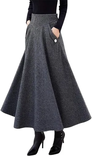 IDEALSANXUN Women??s Fall Winter High Waisted Wool Plaid A-line Long Skirt