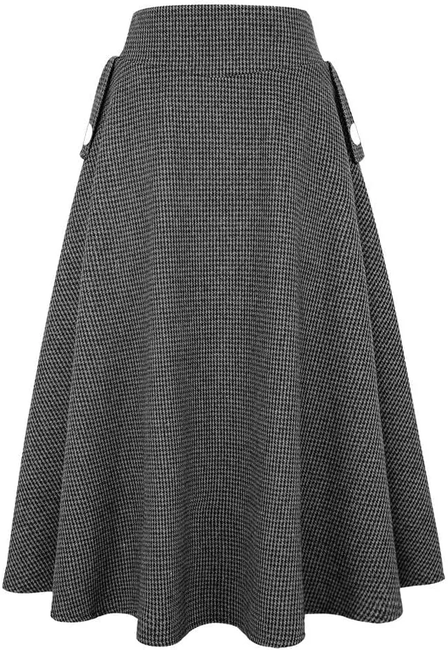 IDEALSANXUN Women??s Fall Winter High Waisted Wool Plaid A-line Long Skirt
