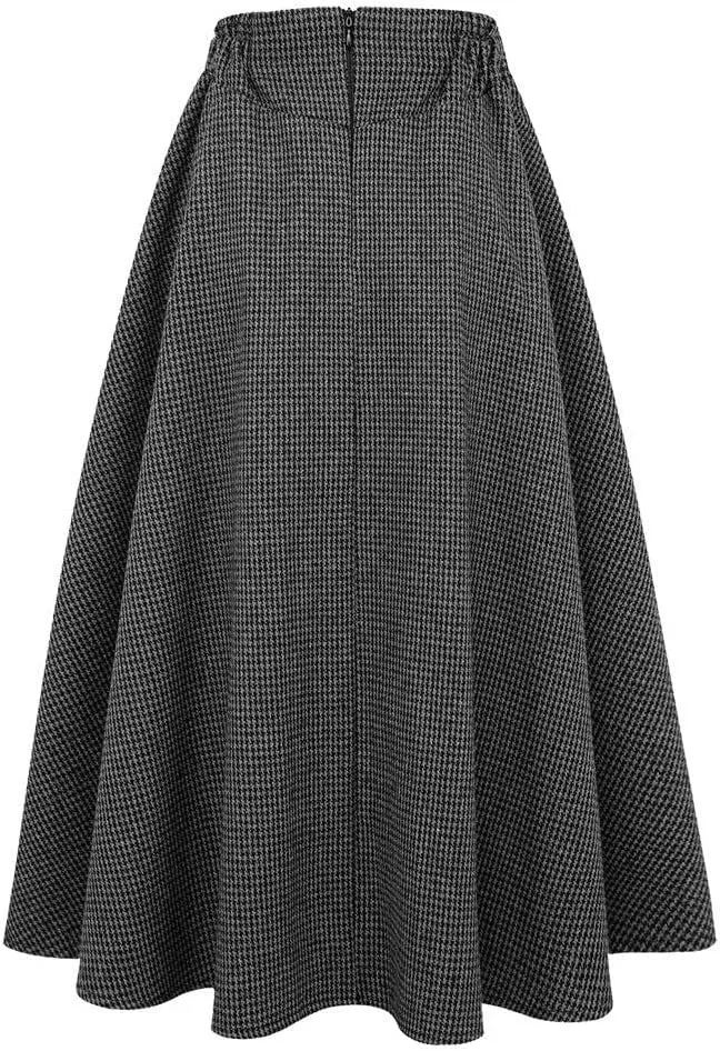 IDEALSANXUN Women??s Fall Winter High Waisted Wool Plaid A-line Long Skirt