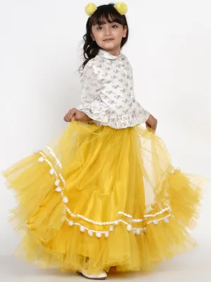 Jashvi Girls Off White & Yellow Block Printed Cotton Shirt With Skirt