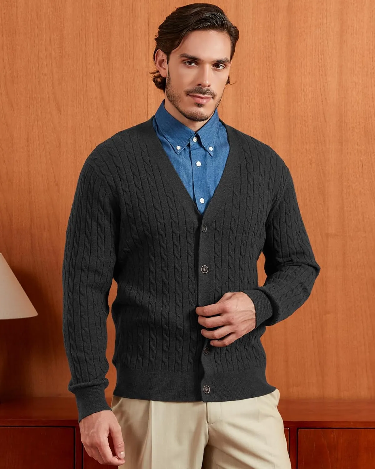 Kallspin Men's Pure Cotton Cable Knit Cardigan V-Neck Sweater Classic Casual Knitwear with Buttons