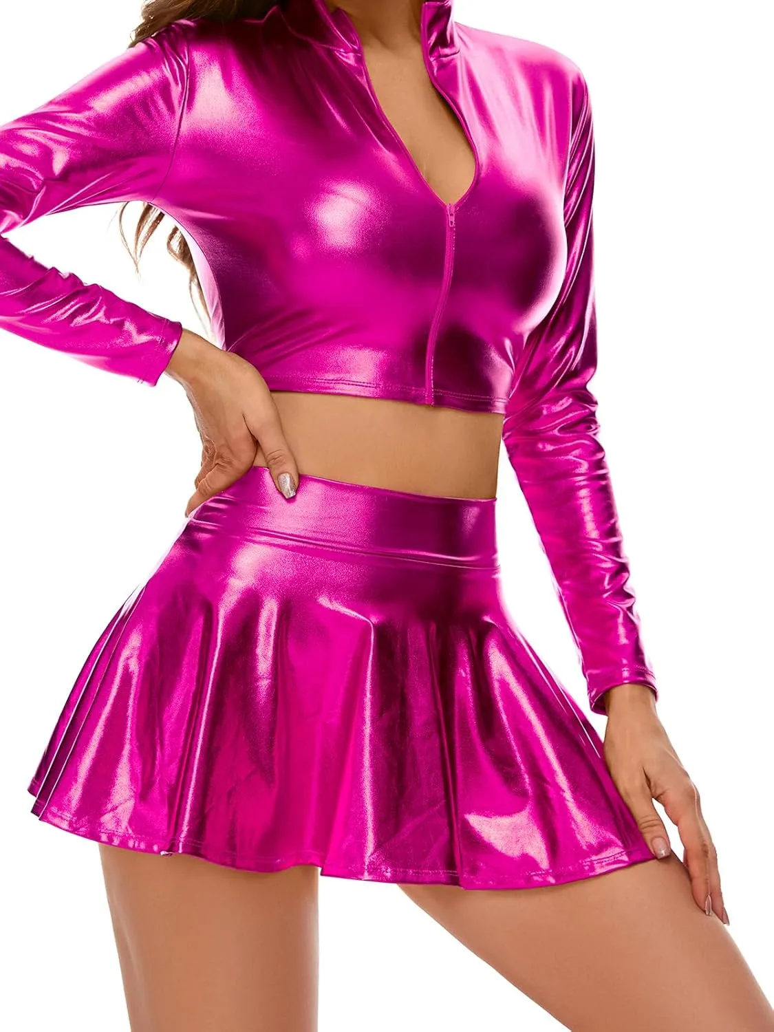 Kepblom Women's Metallic Mini Skirt : Sexy Shiny Pleated Skirts for Festival Costumes, Rave Party