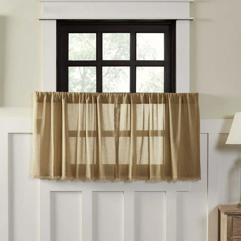 Khaki Fringed Tobacco Cloth Tier Curtains 24"