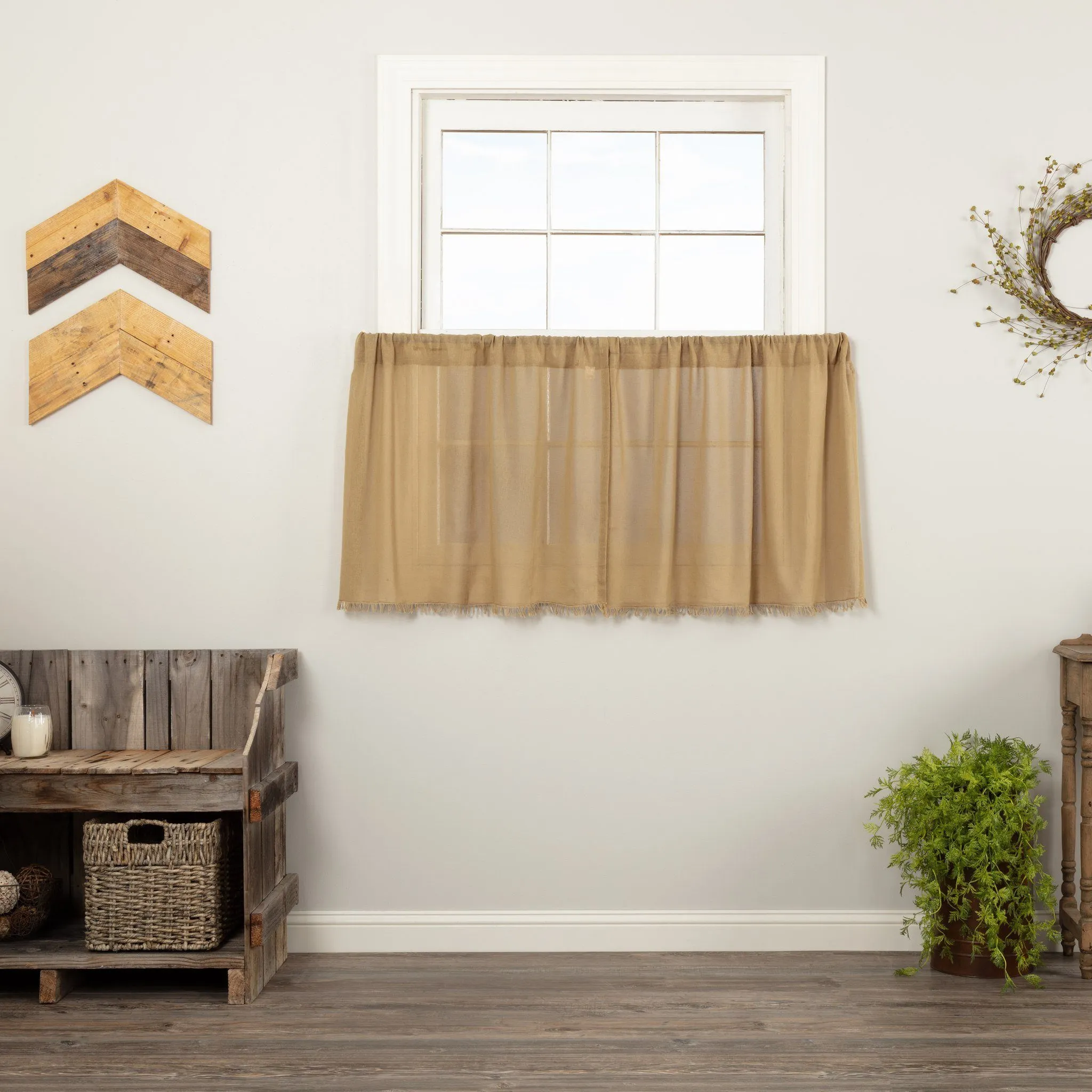 Khaki Fringed Tobacco Cloth Tier Curtains 24"
