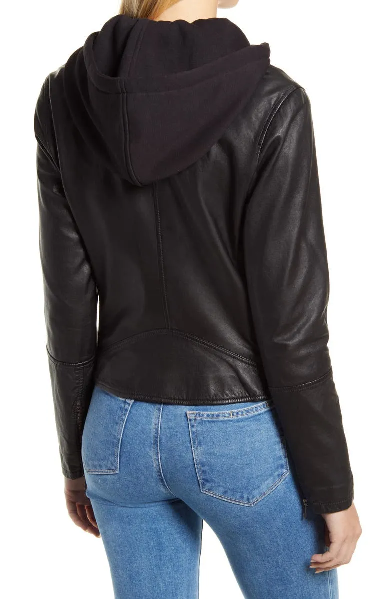 Leather Moto Jacket with Removable Hood