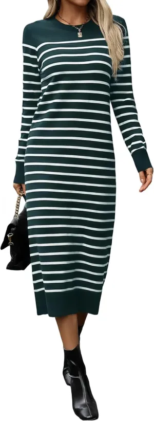 Long Sweater Dress for Women Loose Knitwear Striped Long Dresses Stylish Autumn and Winter Outfits