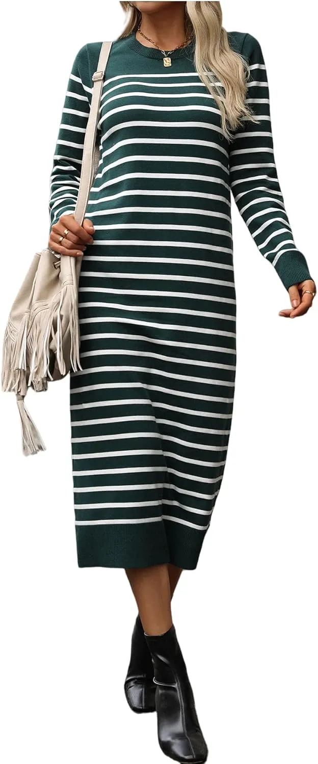 Long Sweater Dress for Women Loose Knitwear Striped Long Dresses Stylish Autumn and Winter Outfits