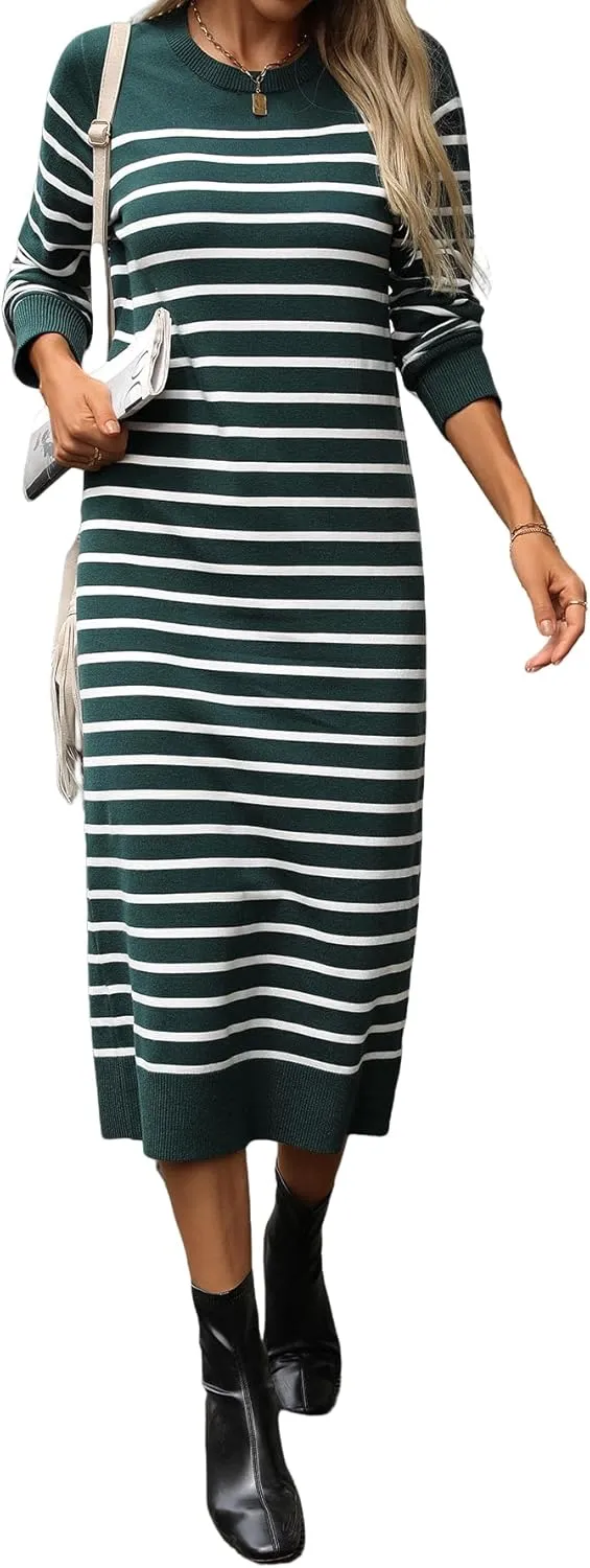Long Sweater Dress for Women Loose Knitwear Striped Long Dresses Stylish Autumn and Winter Outfits