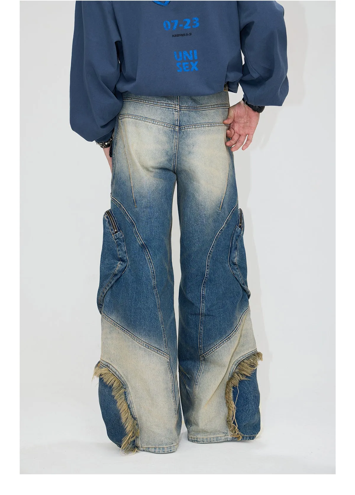 Loose Straight Multi-pocket Washed Denim Pants