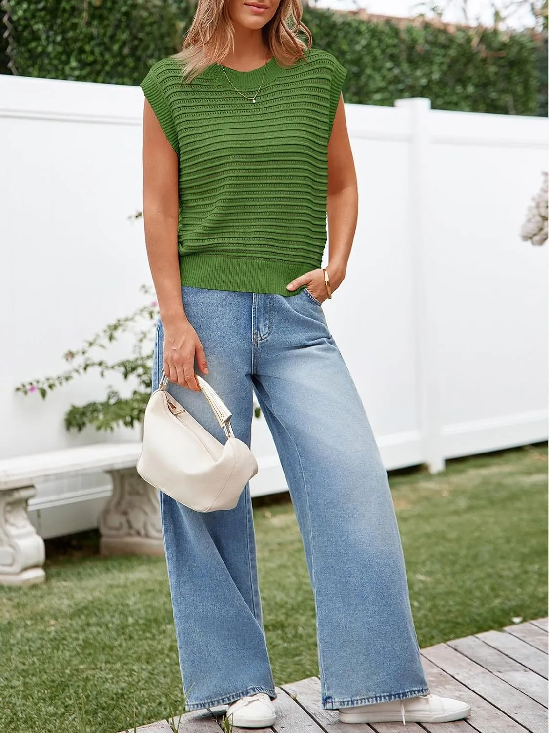 Lueluoye Women's Summer Knit Sweater Vest Cap Sleeve Casual Trendy Crew Neck Ribbed Pullover Tank Tops