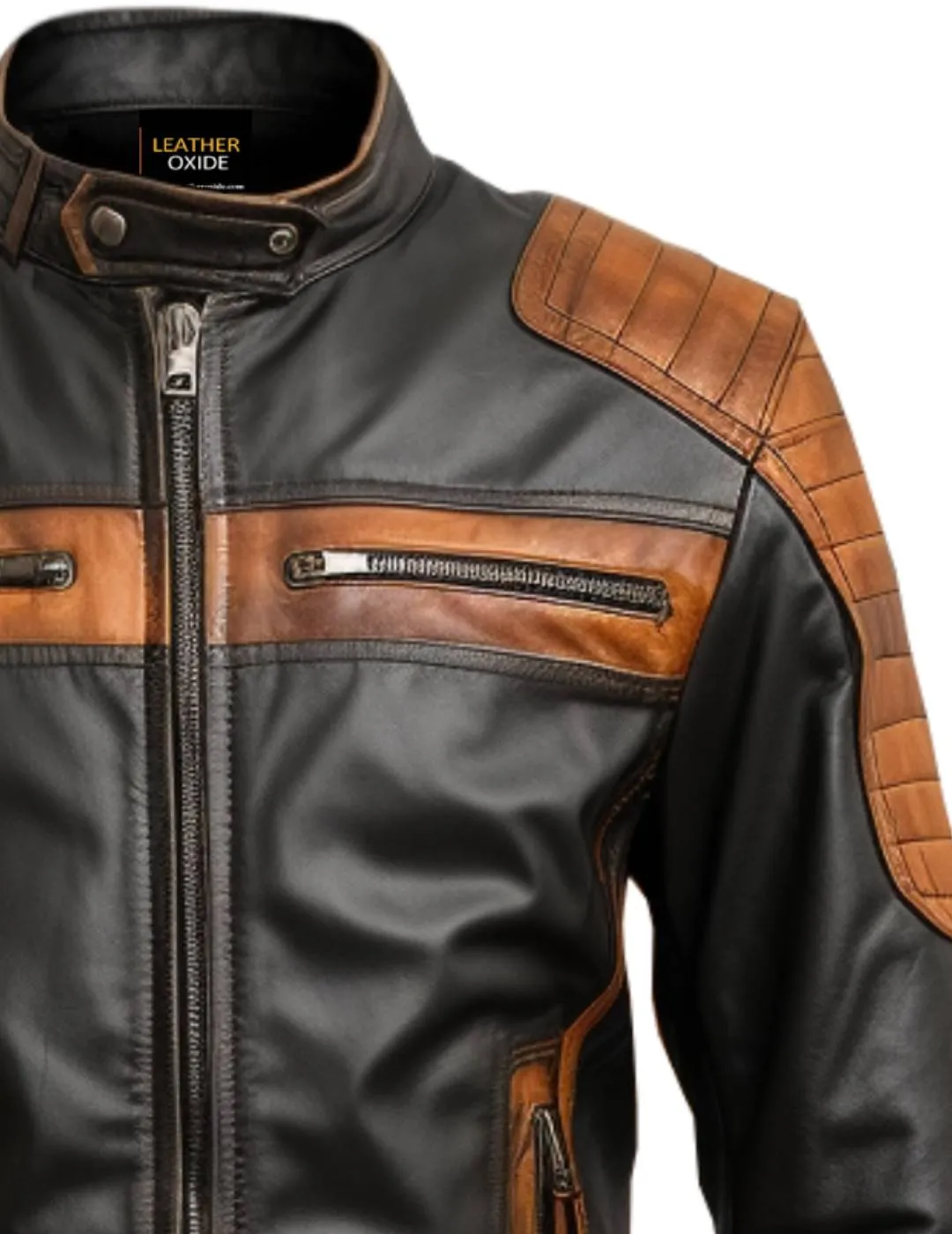 Men Leather Jacket- Orange Black Waxed
