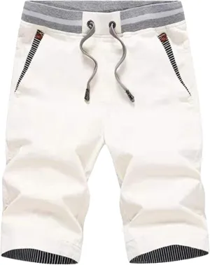 Men's 7" Drawstring Stylish Outdoor Short Casual Elastic Waist Summer Shorts Cotton Linen Drawstring Workout Shorts (White,Small)
