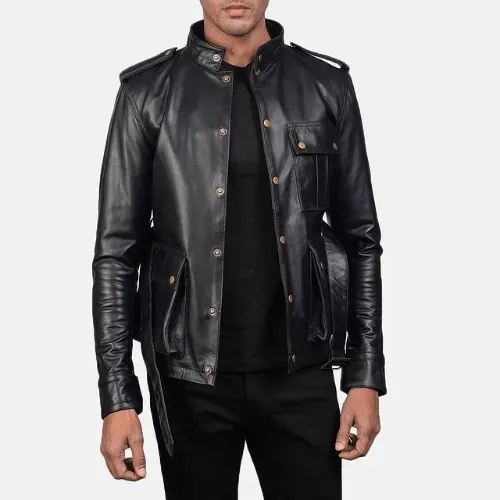 Mens Black Cow Leather Coat with Golden Brass Buttons