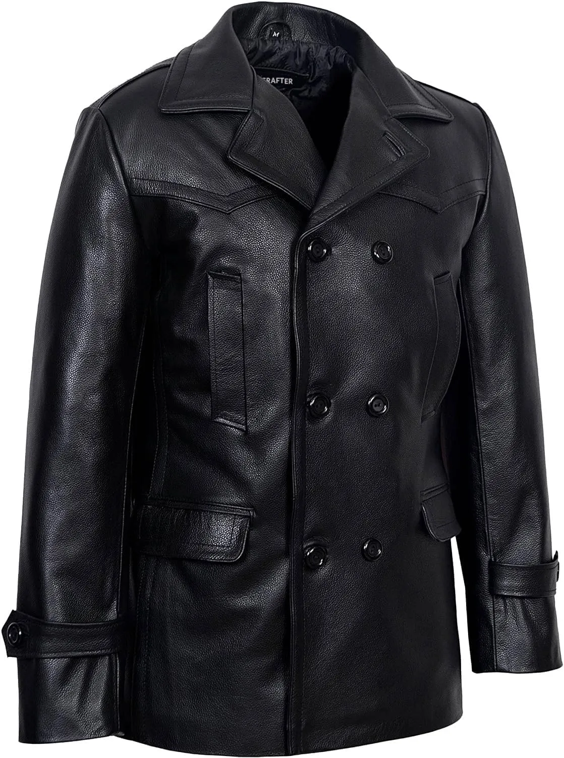 Men's Kriegsmarine German Ww2 Dr Who Reefer Hide Leather Jacket Coat Four Button Leather Car Coat - Pea Coat for Mens