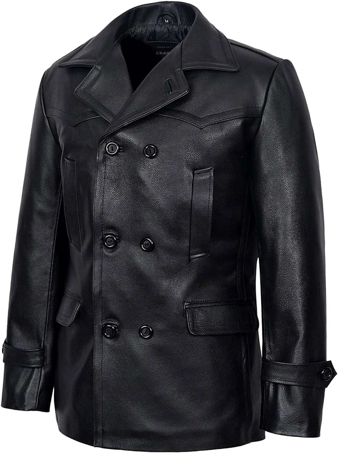 Men's Kriegsmarine German Ww2 Dr Who Reefer Hide Leather Jacket Coat Four Button Leather Car Coat - Pea Coat for Mens