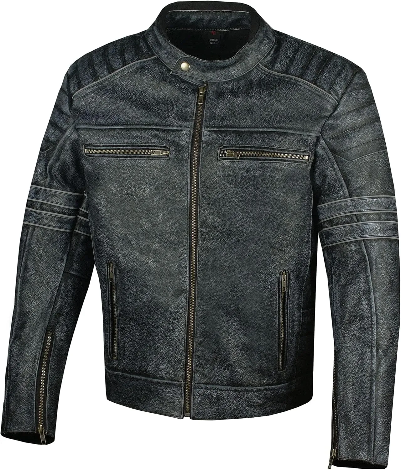 Men's SHADOW Motorcycle Jacket - Distressed Cowhide Leather  Armor High Visibility Vintage Biker Jacket Black L