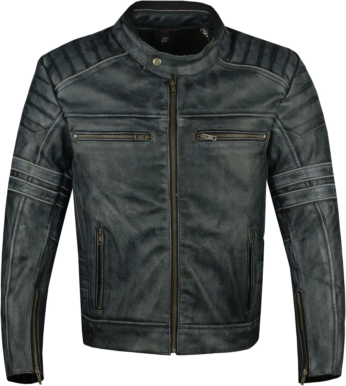 Men's SHADOW Motorcycle Jacket - Distressed Cowhide Leather  Armor High Visibility Vintage Biker Jacket Black L