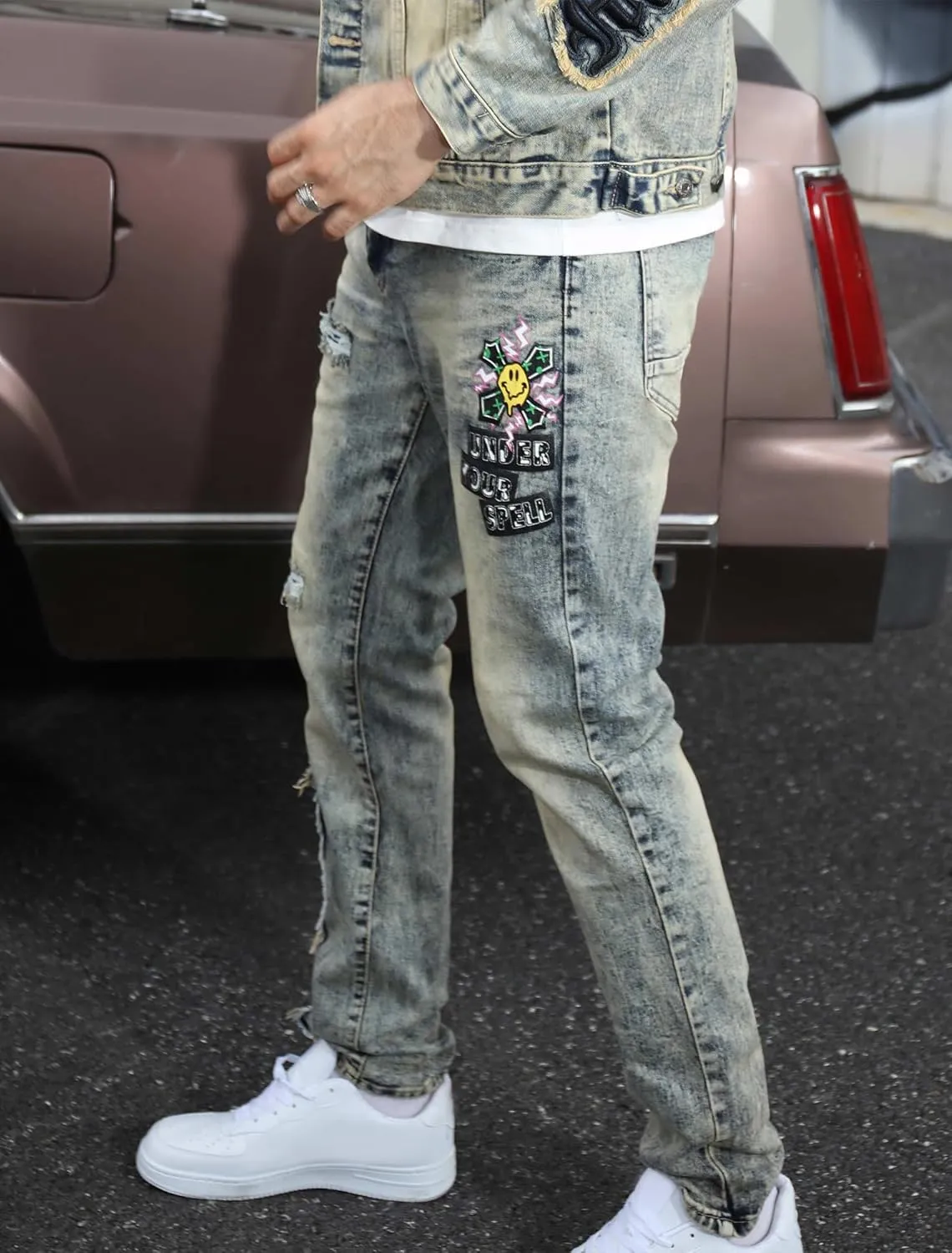 Men's Slim Fit Jeans Skinny Stretch Ripped Jeans Streetwear Distressed Destoryed Denim Pants