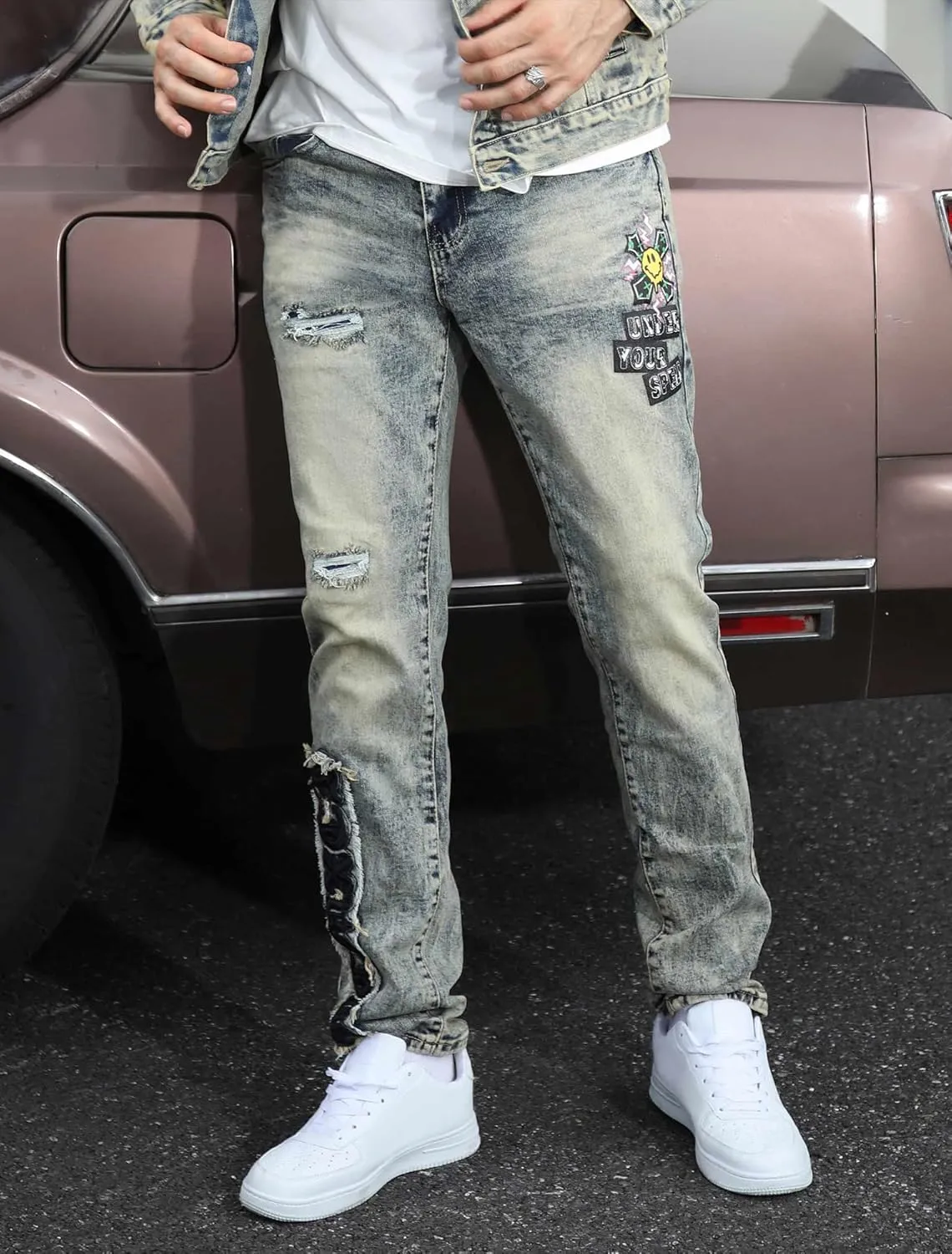 Men's Slim Fit Jeans Skinny Stretch Ripped Jeans Streetwear Distressed Destoryed Denim Pants