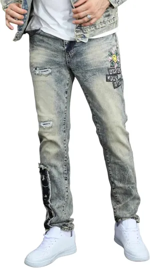 Men's Slim Fit Jeans Skinny Stretch Ripped Jeans Streetwear Distressed Destoryed Denim Pants