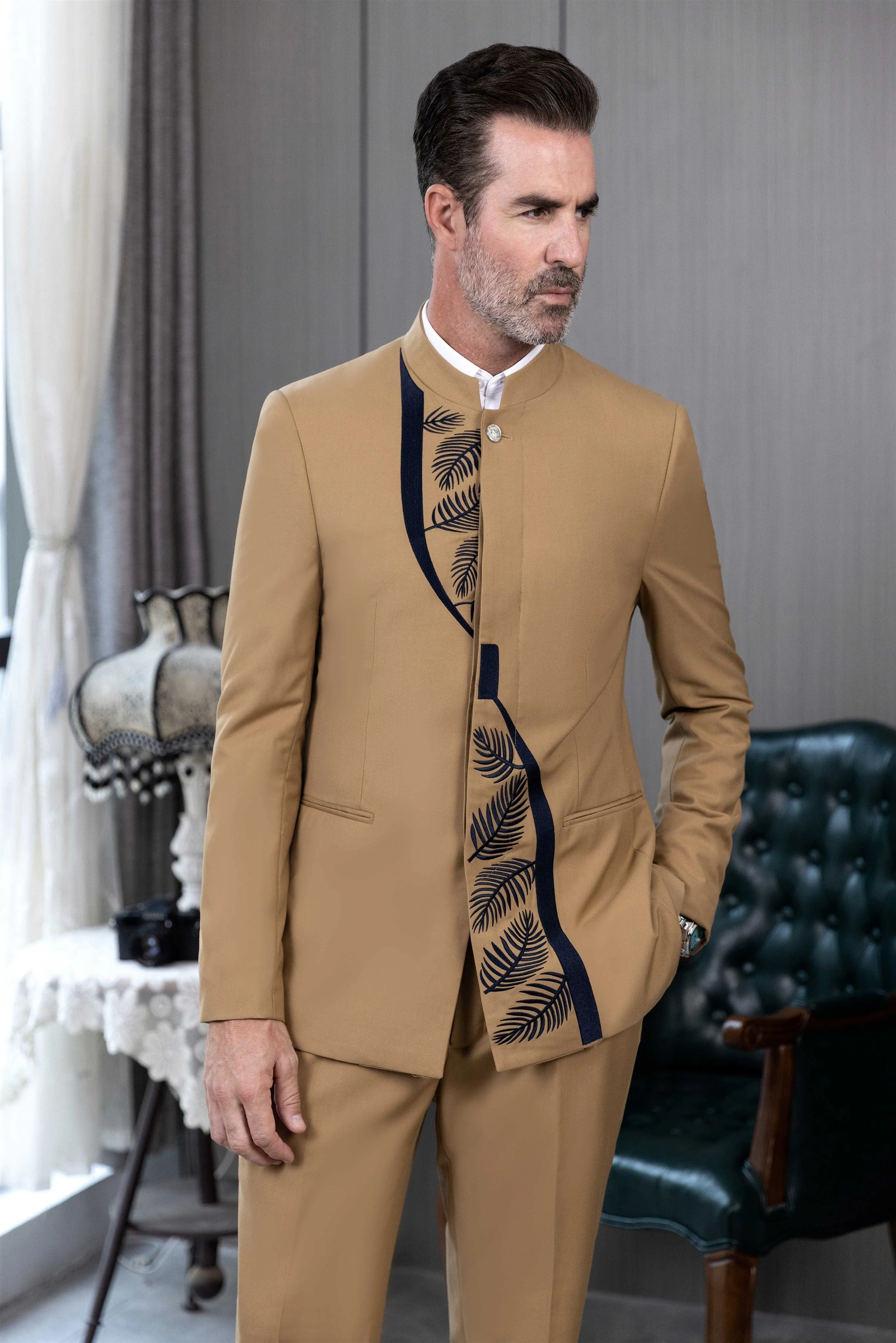 Men's Suit 2 Piece Stand Lapel Jacket (Blazer Pants)