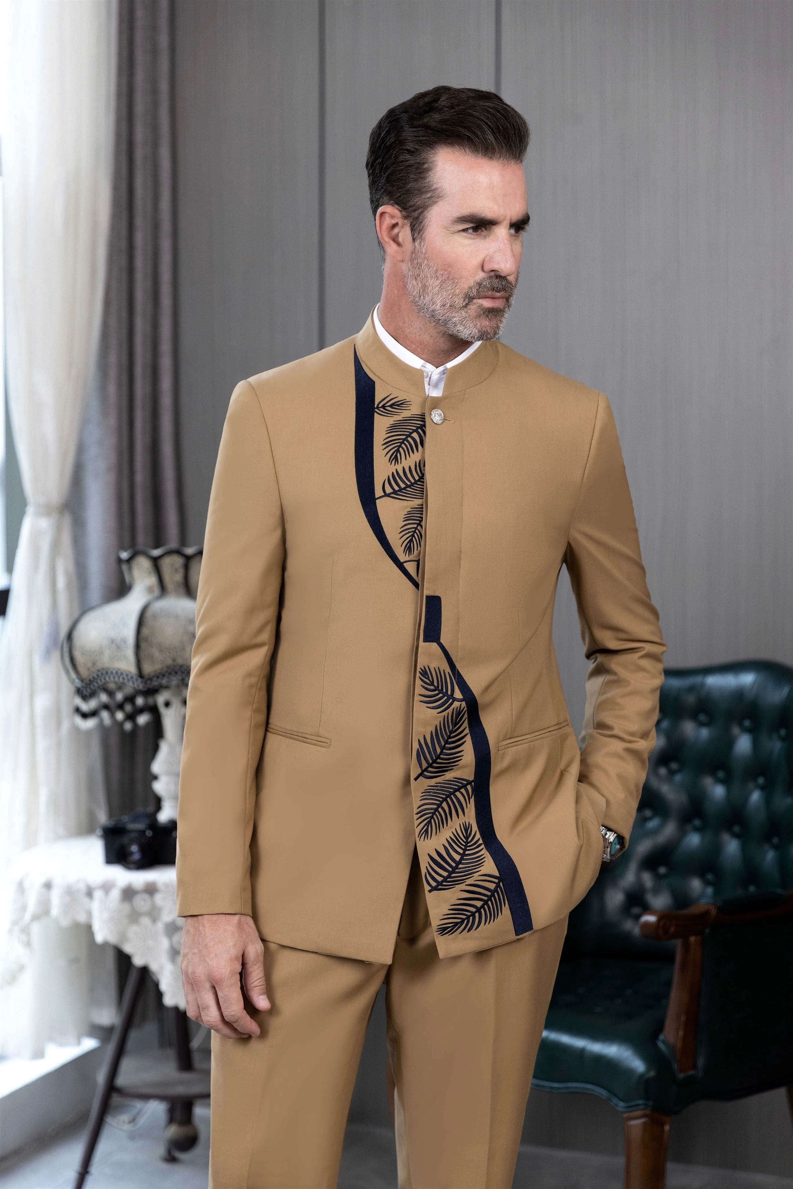 Men's Suit 2 Piece Stand Lapel Jacket (Blazer Pants)
