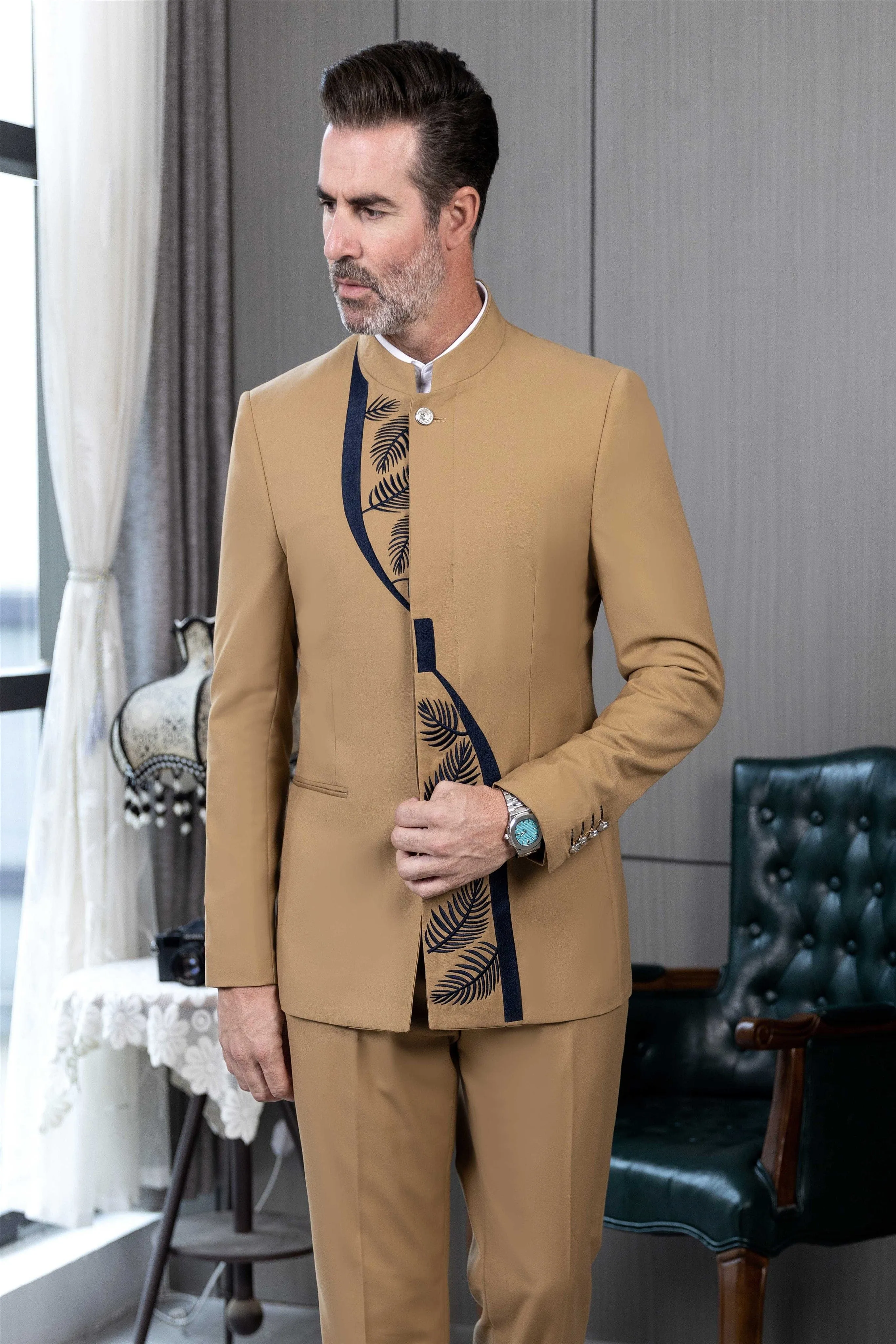 Men's Suit 2 Piece Stand Lapel Jacket (Blazer Pants)