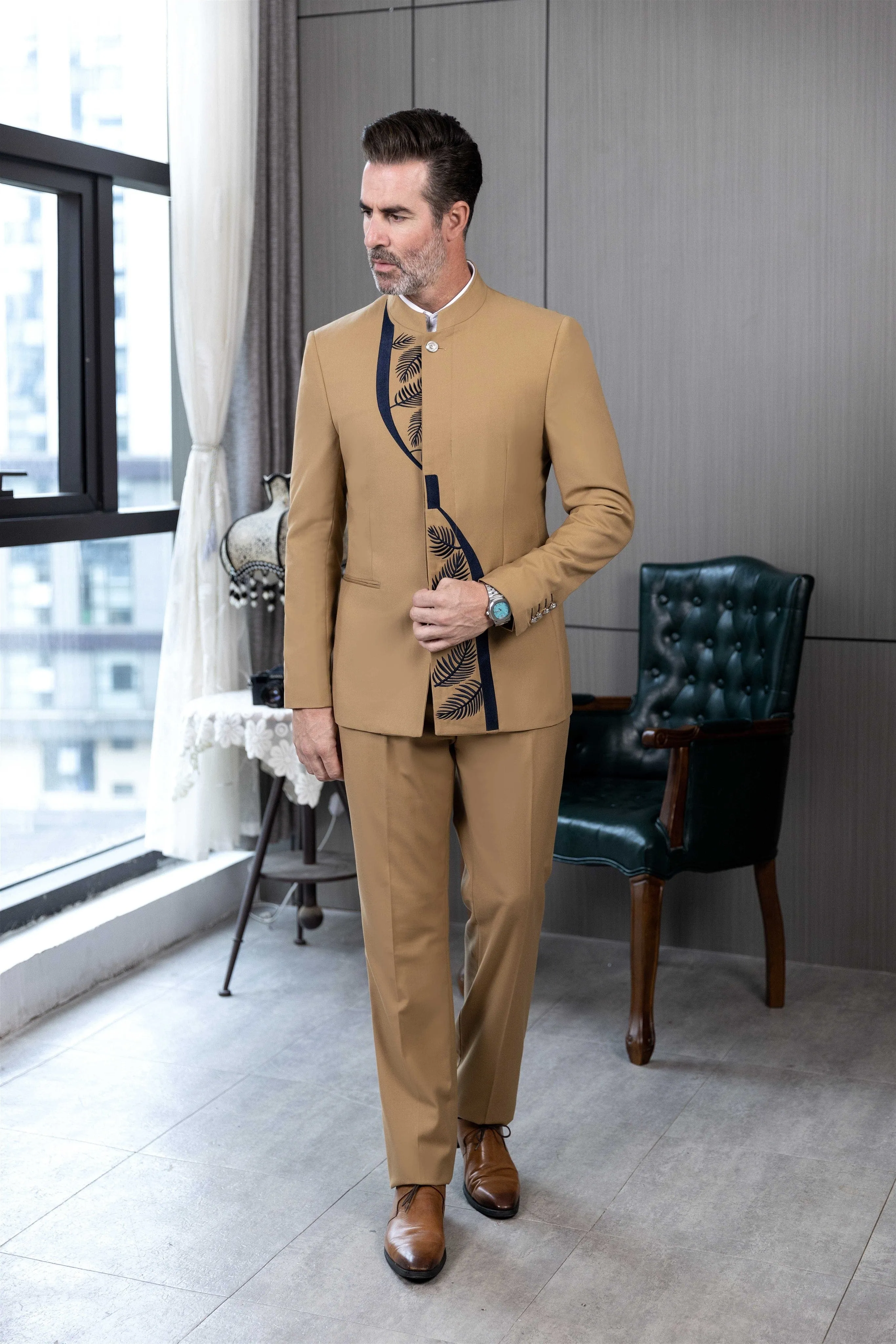 Men's Suit 2 Piece Stand Lapel Jacket (Blazer Pants)