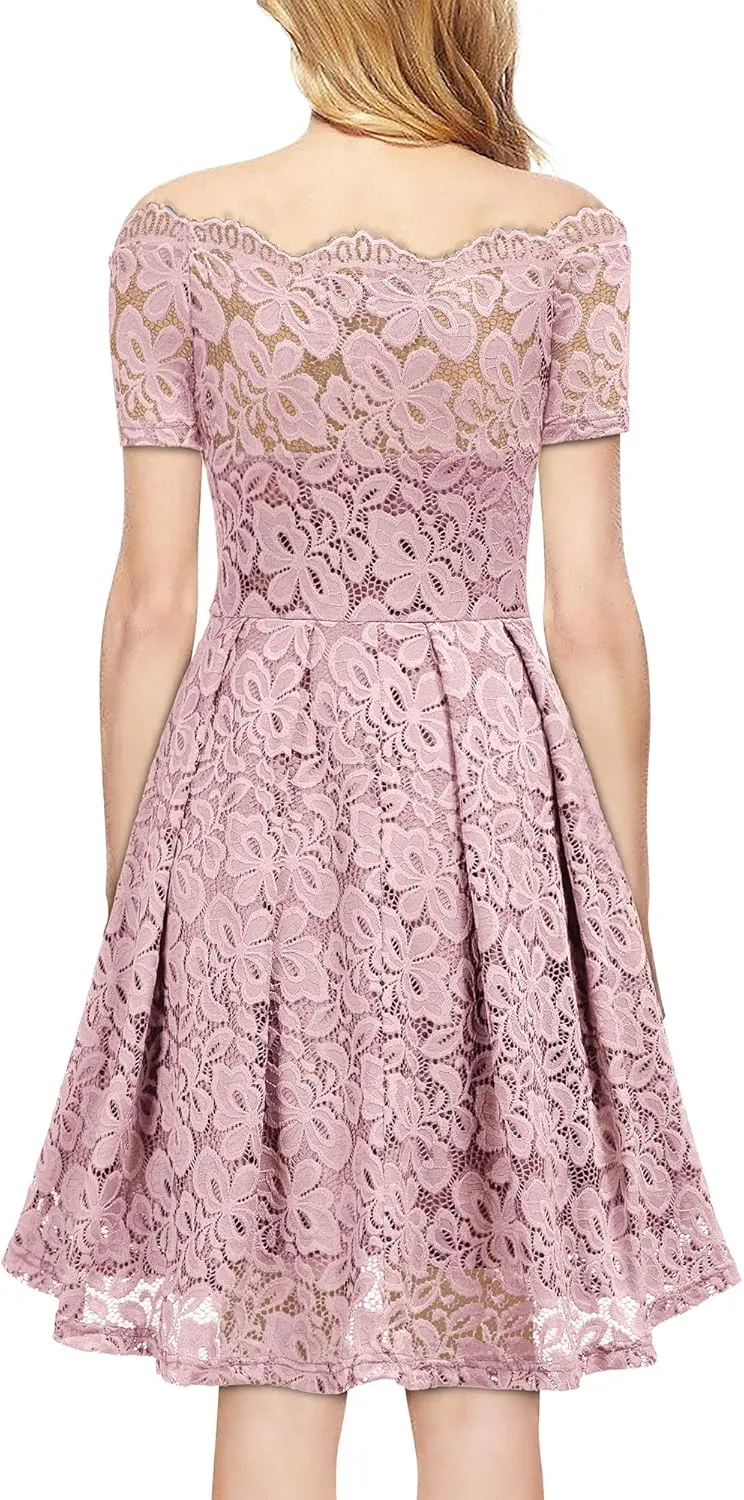 MISSMAY Women's Vintage Floral Lace Short Sleeve Boat Neck Cocktail Party Swing Dress