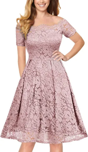 MISSMAY Women's Vintage Floral Lace Short Sleeve Boat Neck Cocktail Party Swing Dress