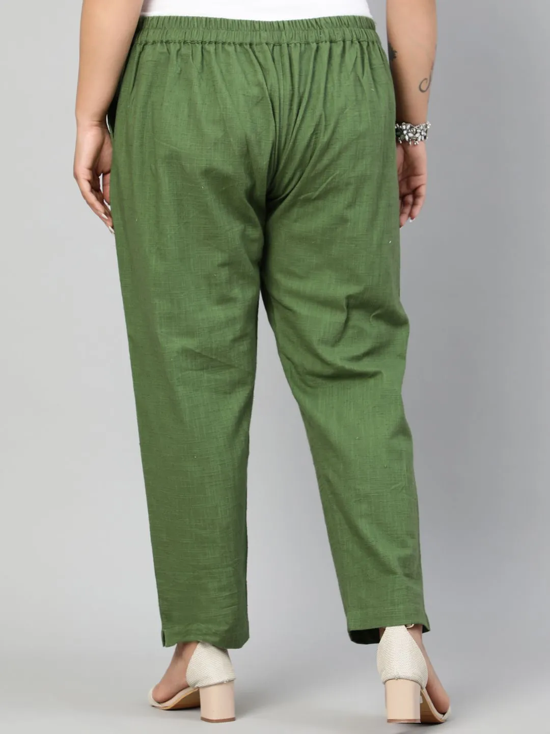 Olive Green Plus Size Ethnic Wear Cotton Slub Pants
