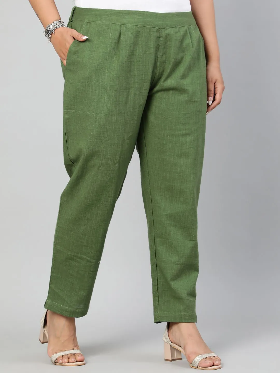 Olive Green Plus Size Ethnic Wear Cotton Slub Pants
