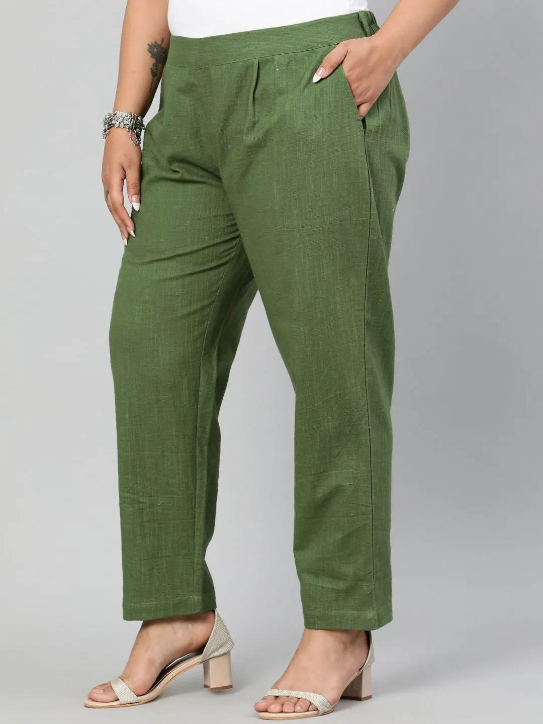 Olive Green Plus Size Ethnic Wear Cotton Slub Pants