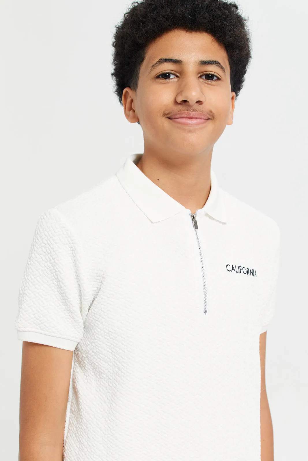 Senior Boys White Jacquard Polo Shirt