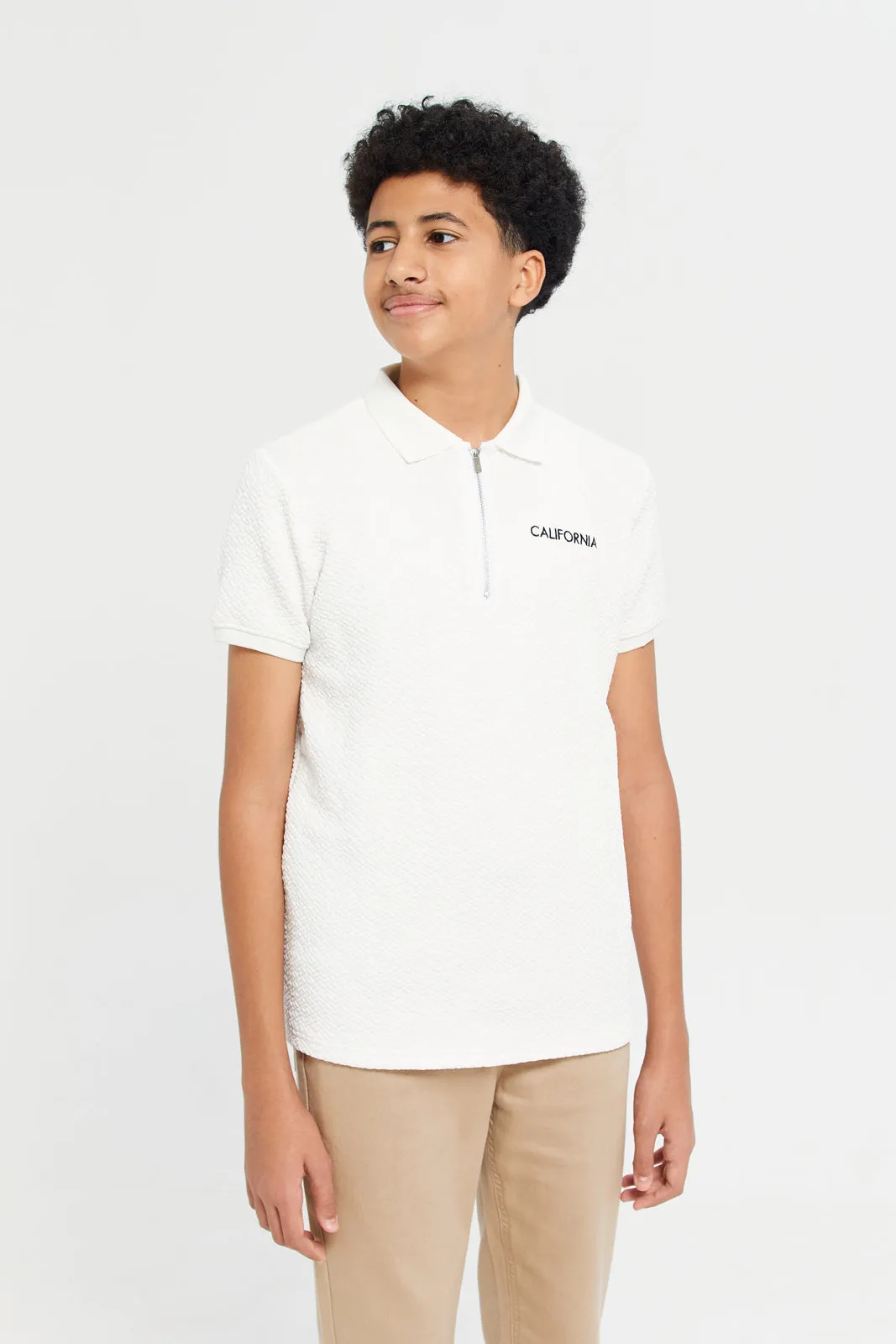 Senior Boys White Jacquard Polo Shirt