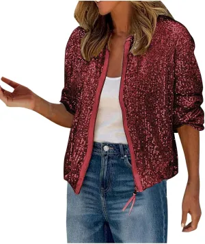 Sequin Jackets for Women Casual Sparkly Zip Up Bomber Jacket Dressy Glitter Loose Coat Outerwear Blazer Party Outfit
